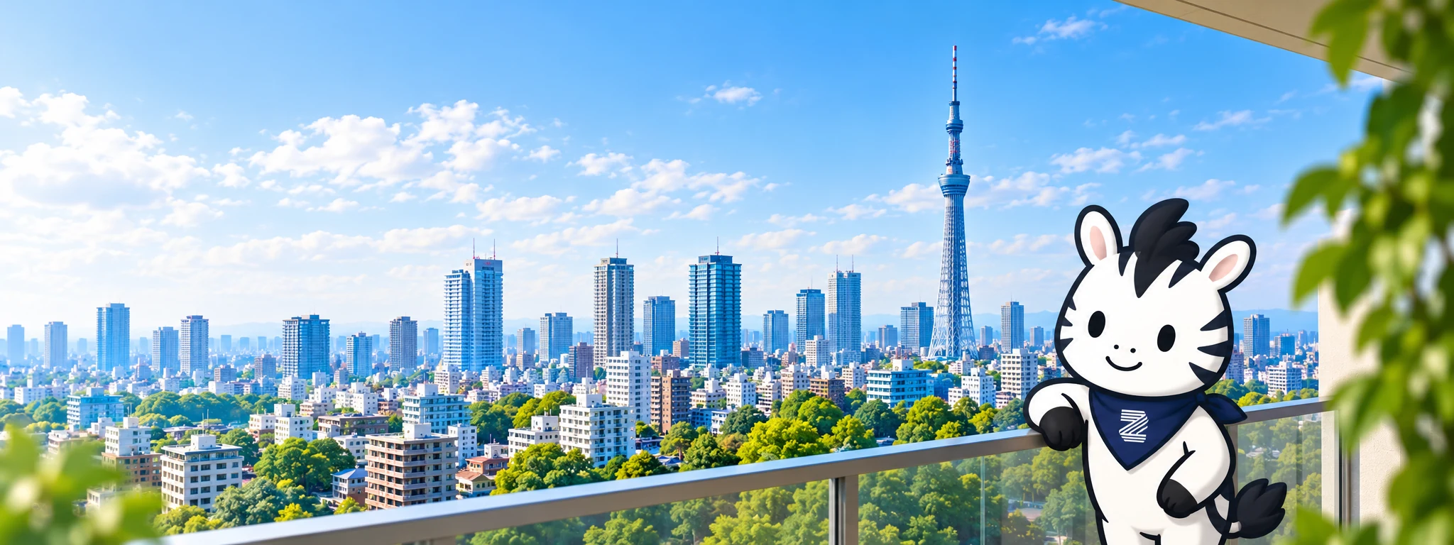 東京の街並みを眺めるゼブラホームズのマスコット