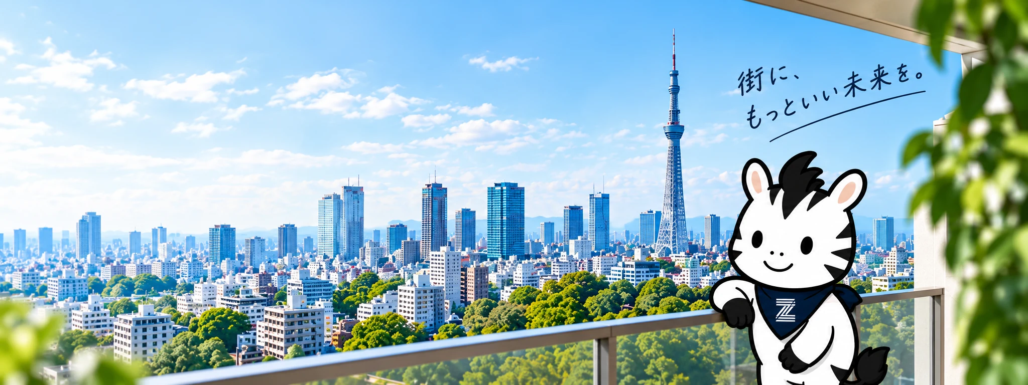 東京の街並みとゼブラホームズのマスコット